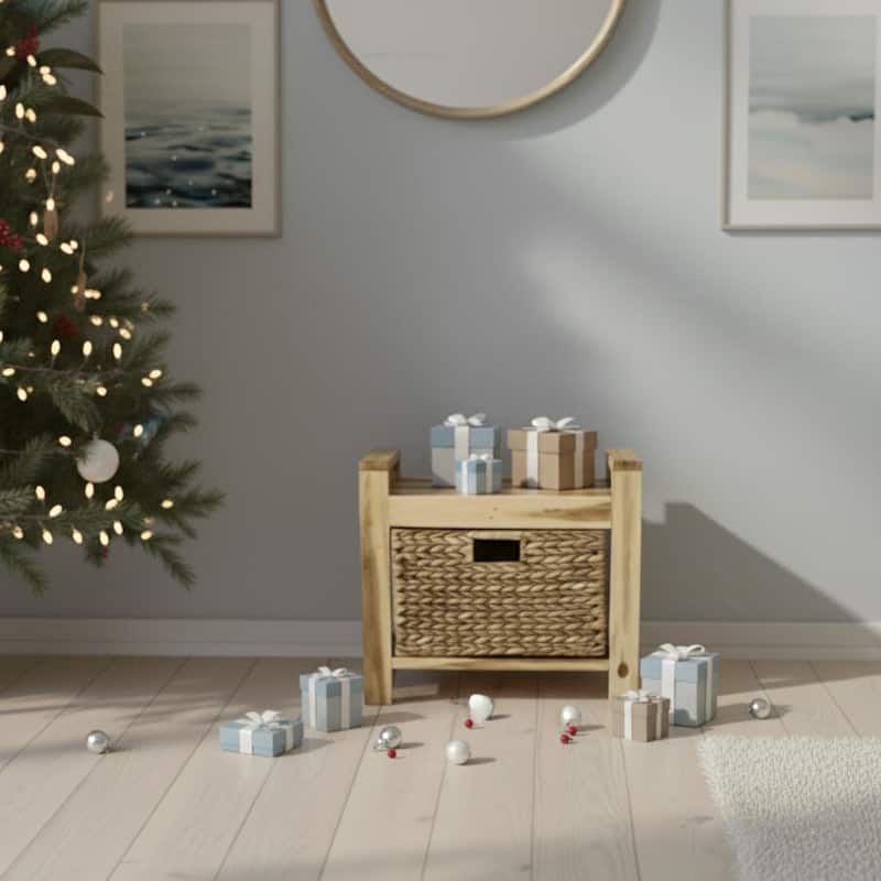 Brae Coastal Storage Stool Wood Frame w/ Water Hyacinth Baskets - Brown