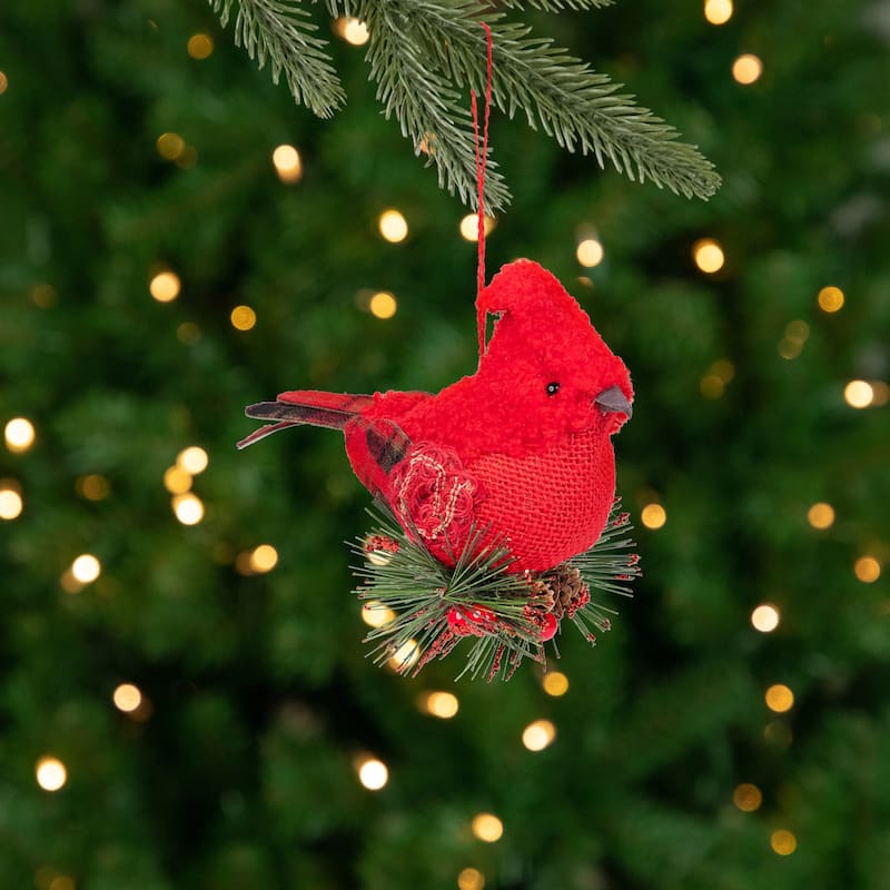 13" Red and Green Plaid Cardinal on Holly Berries Christmas Ornament