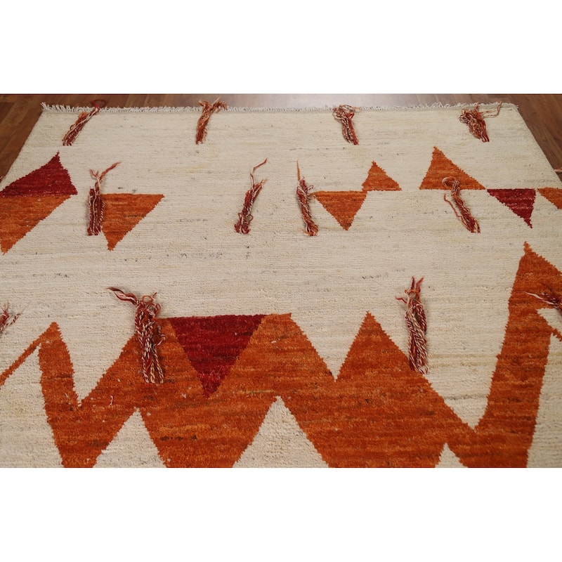 Hand Knotted Oriental 100% Wool Carpet Modern Tribal Beige & Ivories Moroccan Area Rug - 9' 11'' X 6' 10''