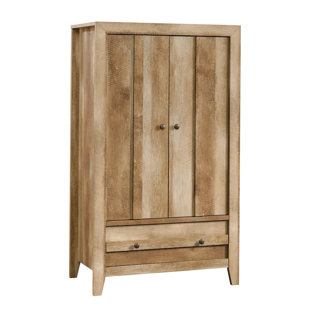 Wood Armoire with Narrow Bookcase and Locking Drawers, Brown - 26.38"W x 19.53"D x 57.84"H