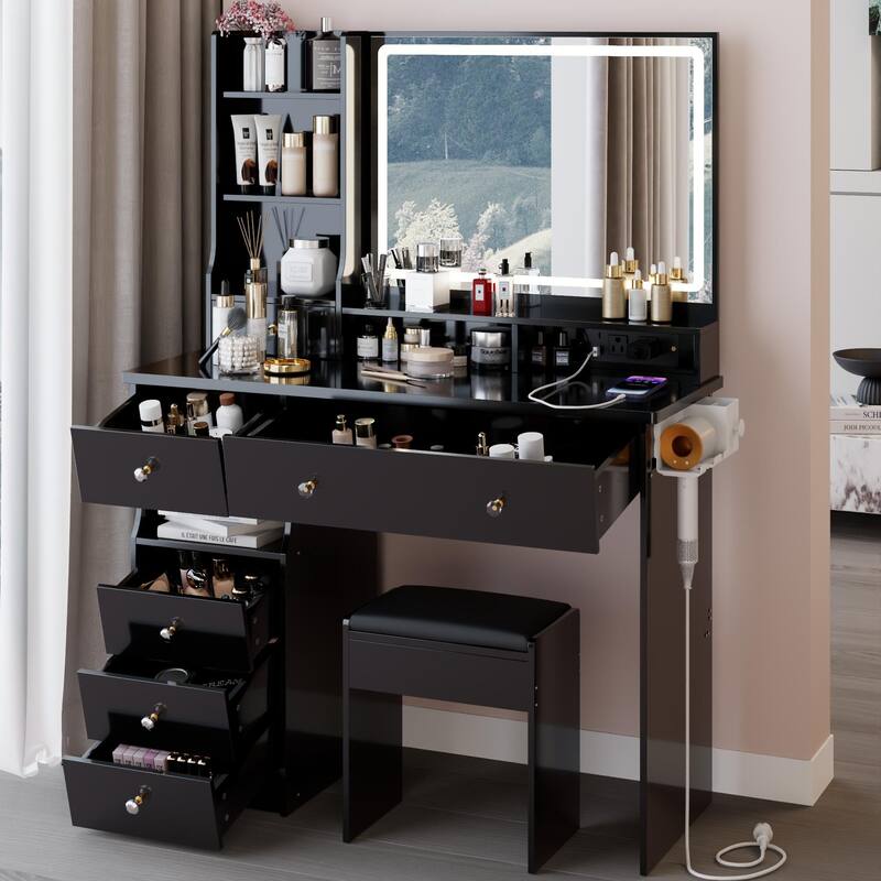 41" Large Size Left Drawer Desktop Vanity Table + Cushioned Stool Dresser Set, 2 AC+2 USB Power Station, Hair Dryer Stand