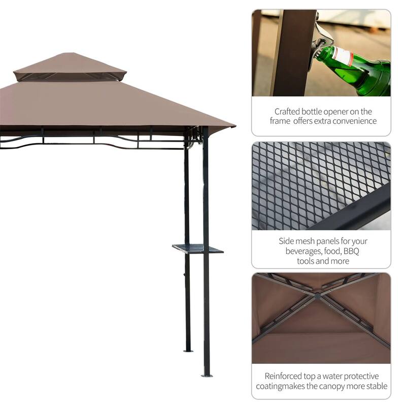 BBQ Double-Layer Ventilated Canopy Gazebo with Steel Frame and Bottle Opener 2 Side Shelves - 96.5" L x 58.3" W x 99.2" H