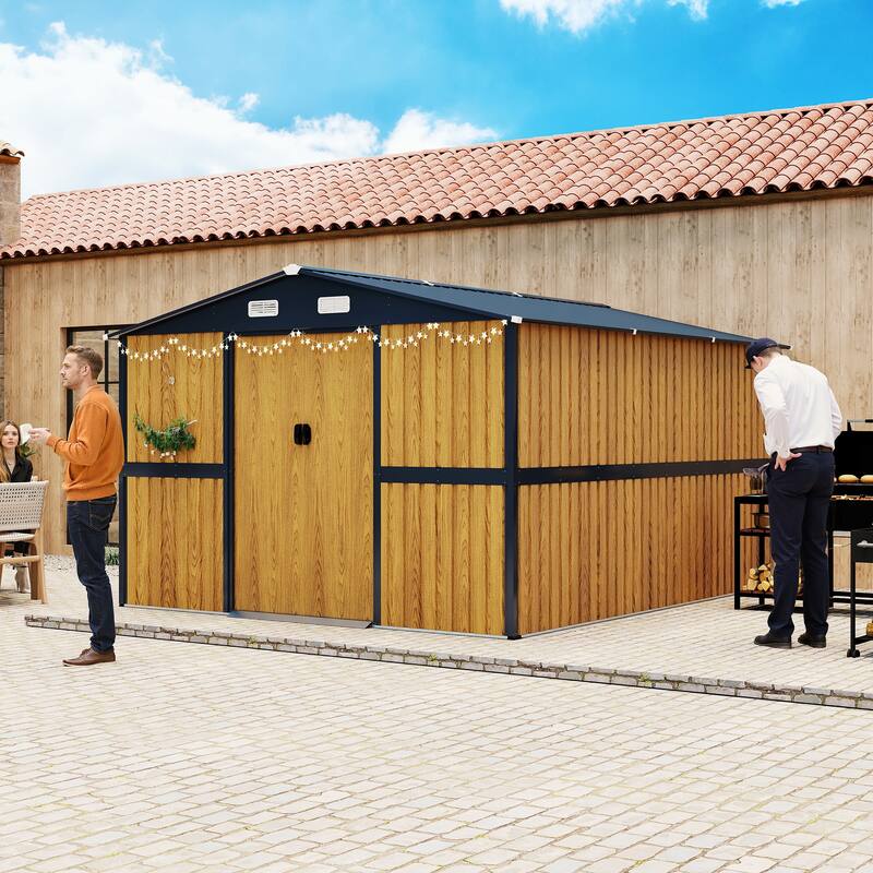 10X12 FT Outdoor Steel Storage Shed with Lockable Doors, 2 Windows, Garden Shed Ideal for Backyard, Patio Storage