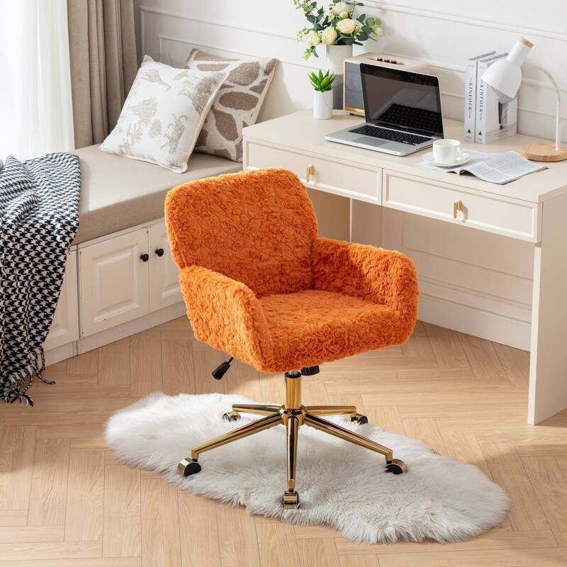 Roomfitters Faux Fur Office Chair, Adjustable Swivel Desk Chair with Gold Metal Base, Modern Vanity Accent Chair