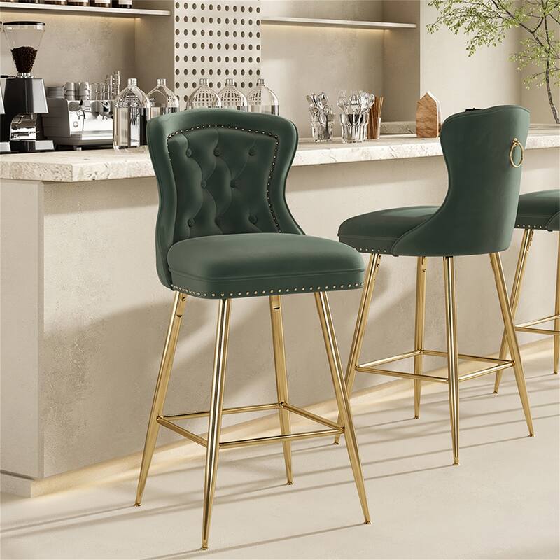 Velvet Bar Stools with Metal Legs, Button Tufted and Nailheads Trim (Set of 2)