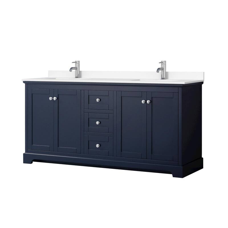 Wyndham Collection Avery 72" Free Standing Double Basin Vanity Set - Dark Blue / White Cultured Marble Top / Polished