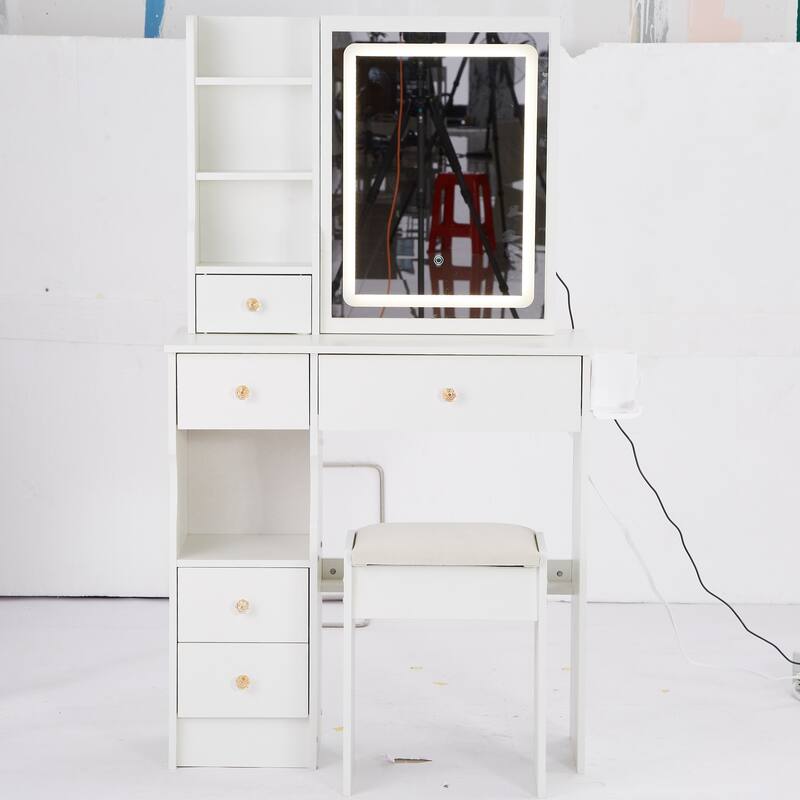 29.2" Small Size Left Drawer Desktop Vanity Table + Cushioned Stool, 2 AC+2 USB Power Station, Hair dryer bracket