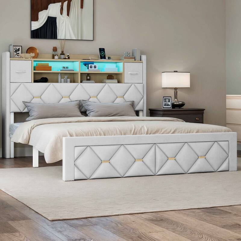 Moasis Upholstered Bed Frame with Storage Headboard And Charging Station and LED Light - White Velvet - Queen