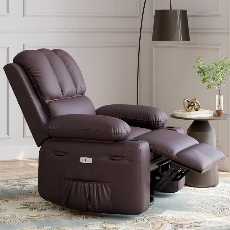 Oversized Manual PU Leather Recliner Sofa Chair with Cup Holders