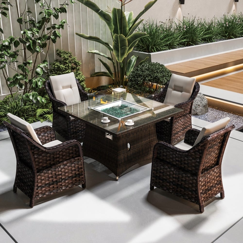 Modern Outdoor Square Fire Pit Table Set with 4 Dining Chairs