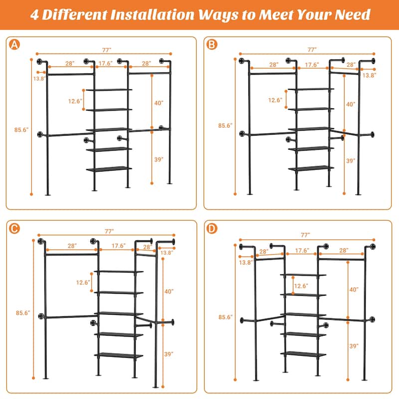 77'' Industrial Pipe Clothing Rack with 5-Tier Shelves, Reversible Closet Organizer System Garment Racks for Hanging Clothes