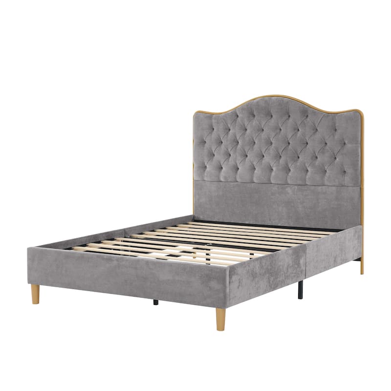 Upholstered Queen Bed Frame with Tufted Headboard and Wooden Legs