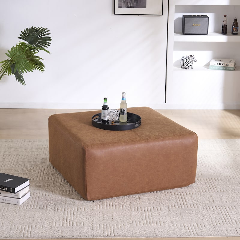 Oversized Square Ottoman Coffee Table, Faux Leather Couch Ottoman Large Footstool for Living Room