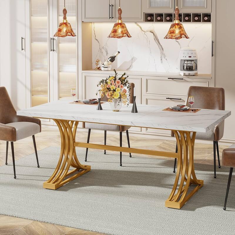 63" Rectangular Dining Table, Modern Kitchen Table with Faux Marble Top for Dining Room