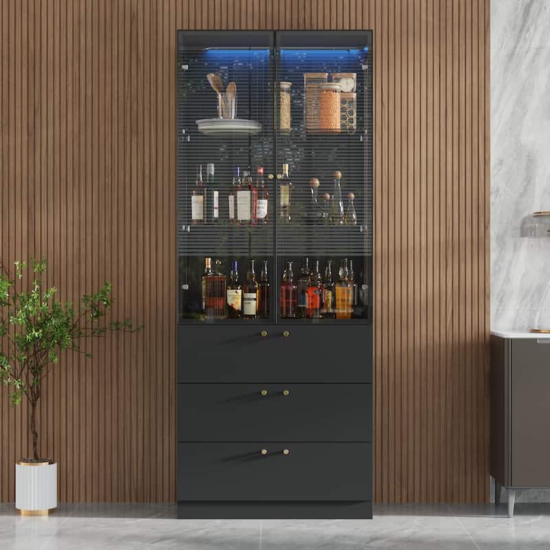 LED Glass Display Cabinet with Aluminum Alloy Frame Glass Door Showcase Wine Storage Cabinet - 31.5"W(w/Drawers)Only