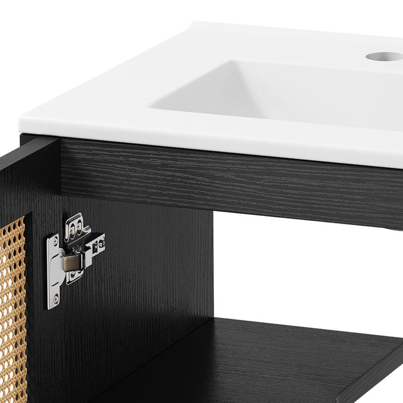 Moasis 24" Bathroom Vanity with Ceramic Sink, Rattan Double Door Cabinet and Drawer, Freestanding Solid Wood Legs