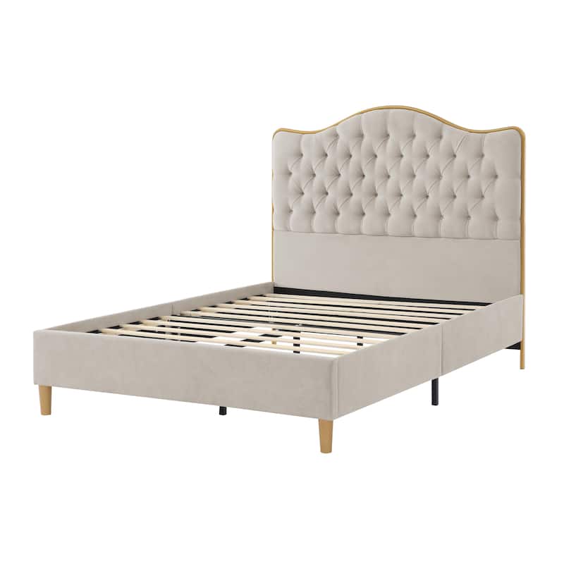 Upholstered Queen Bed Frame with Tufted Headboard and Wooden Legs