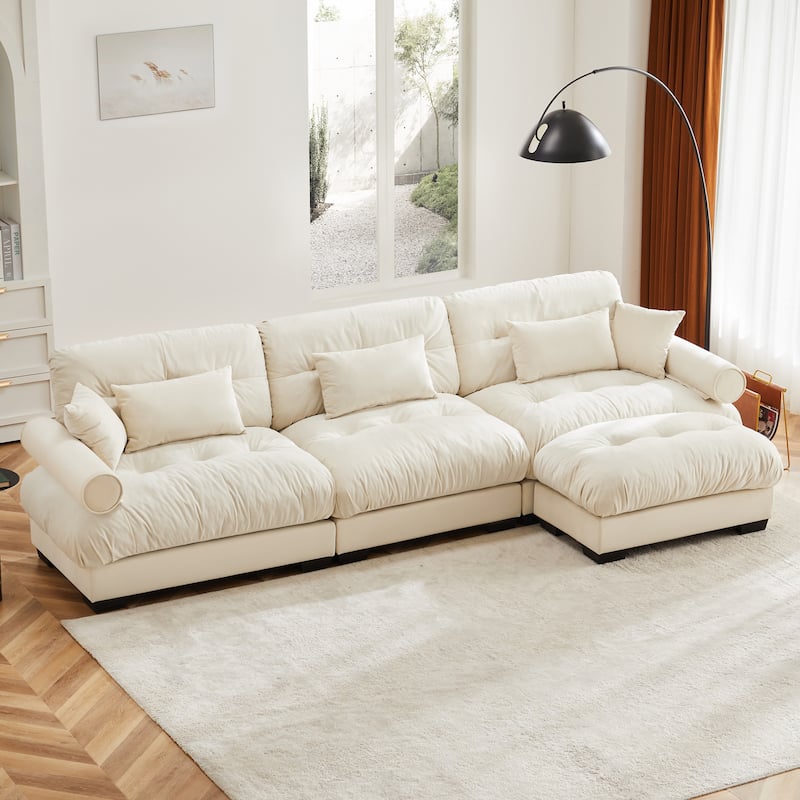 130" Velvet Oversized Modular Sectional Sofa with Ottoman & Cloud Cushions - Cream