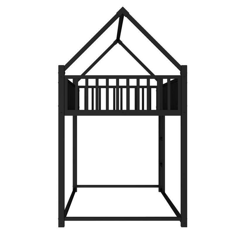 Roomfitters Metal Twin House Bed Frame with Guardrails & Detachable Slats, Convertible Floor to Loft Design, Black