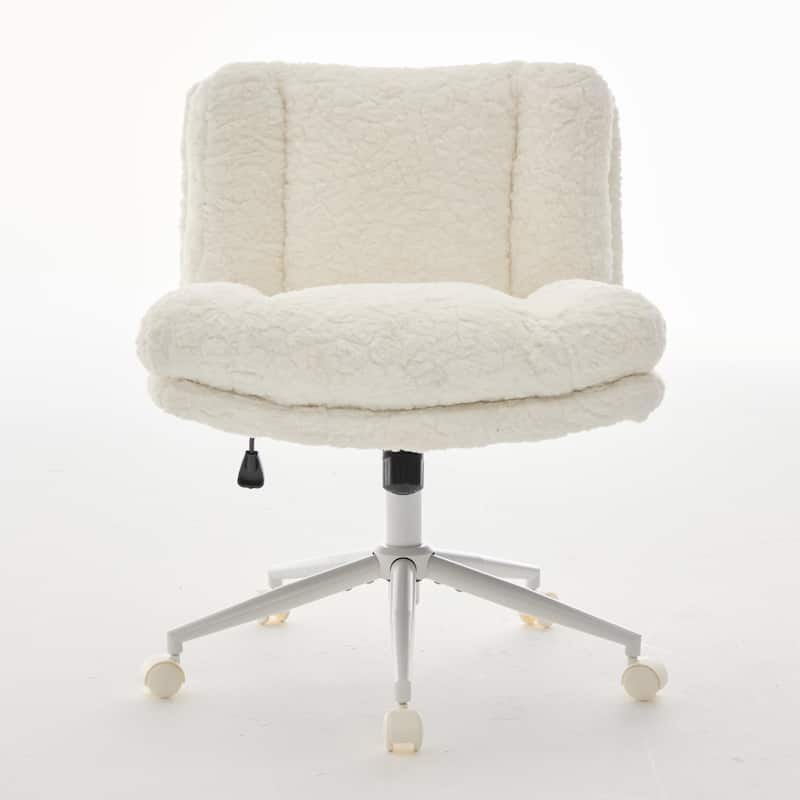 Roomfitters Wide Faux Fur Office Chair, Adjustable Swivel Desk Chair with White Metal Base, Cozy Upholstered Vanity Chair