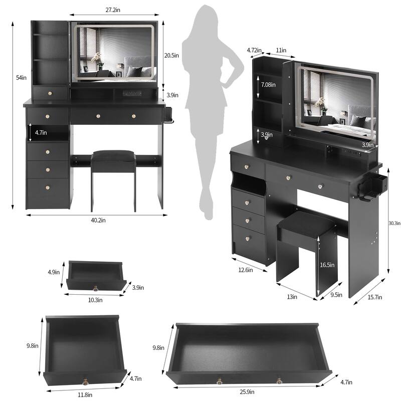 41" Large Size Left Drawer Desktop Vanity Table + Cushioned Stool Dresser Set, 2 AC+2 USB Power Station, Hair Dryer Stand