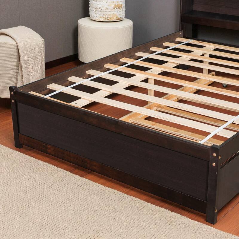Twin/Full Bed Frame with Pull-Out Trundle and Bookcase Headboard, No Box Spring Needed