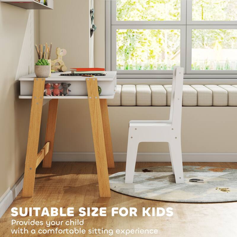 White Kids Desk and Chair Set with Built In Storage Compartments Wood Study Table for Children Age 3 to 12