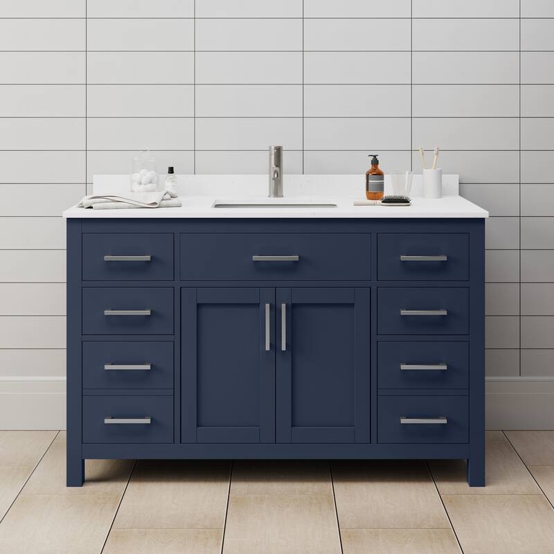 Wyndham Collection Beckett 54" Free Standing Single Basin Vanity Set - Dark Blue / White Cultured Marble Top / Brushed