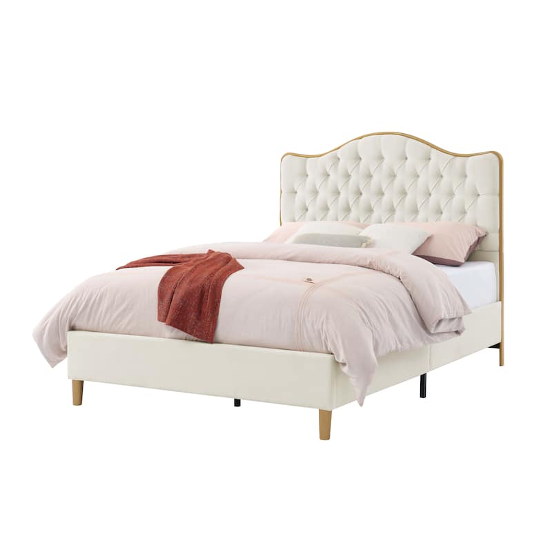 Upholstered Queen Bed Frame with Tufted Headboard and Wooden Legs