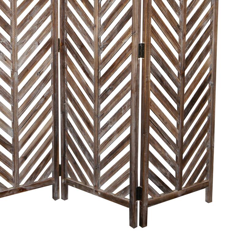 3 Panel Foldable Wooden Screen with Herringbone Pattern, Brown
