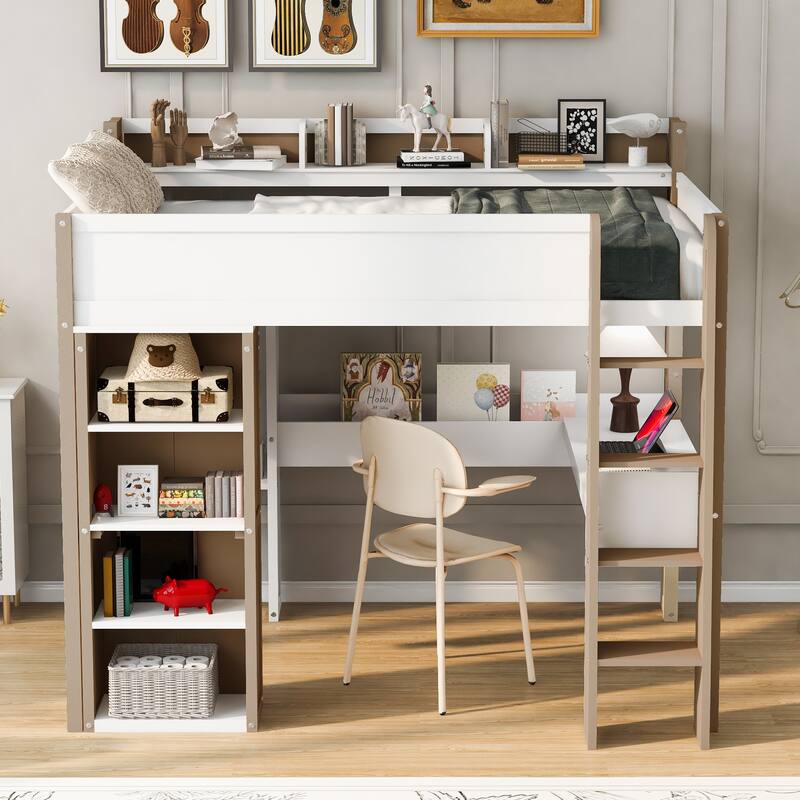 Full Size Wood Study Loft Bed with Built In Desk, Versatile Storage High Loftbed Frame with Shelves, Hanging Rod and Wardrobe - White+Natural - Full