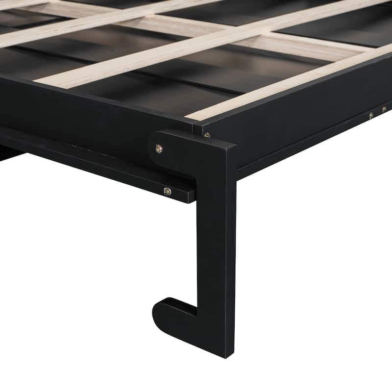 Murphy Bed Queen Size Bookcase Bed Platform Bed with Side Cabinets and 2 Drawers, Elegant French Folding Bed LED Wall Bed