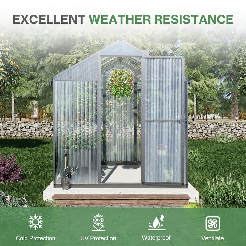 Aoodor Polycarbonate Walk-in Greenhouse with Aluminum Frame and Roof Vent