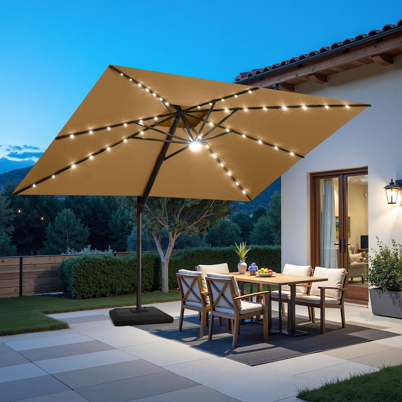 9 x11 FT Cantilever Patio Umbrella with Weighted Base, Double Canopy & LED Lights