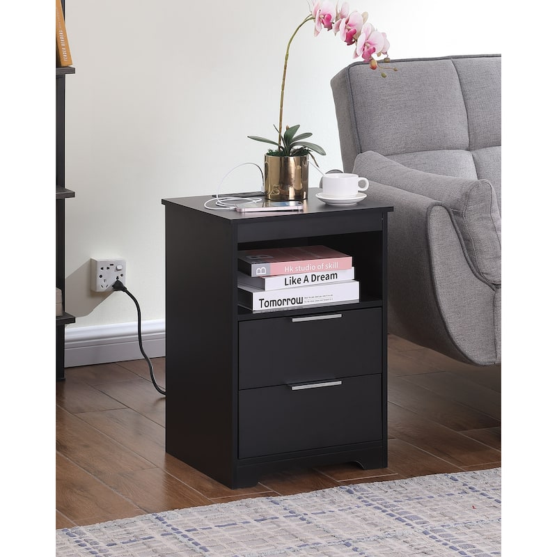 Nightstand with Charging Station,End Table with 2 Drawers,Wooden End Table with Drawer and Opening Shelf