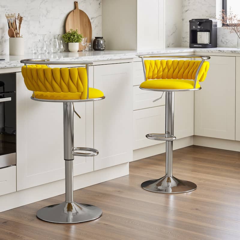 Set of 2 Velvet Adjustable Swivel Bar Stools - Silver/Yellow