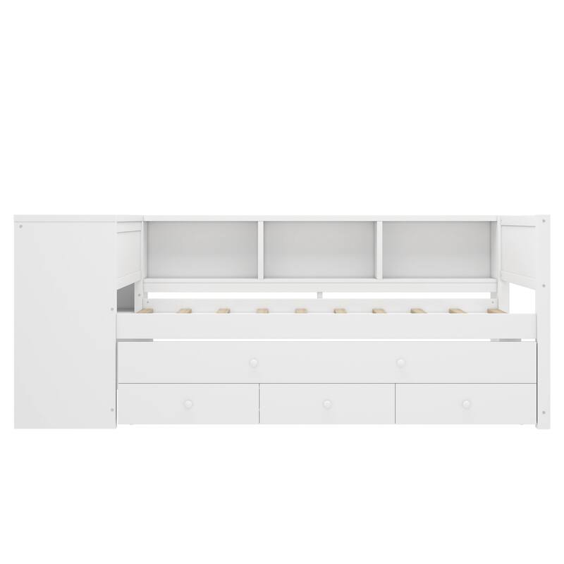 Roomfitters Twin/Full Size Wood Daybed with Trundle, Storage Drawers, Side Shelves & Built-in Desk, No Box Spring Needed