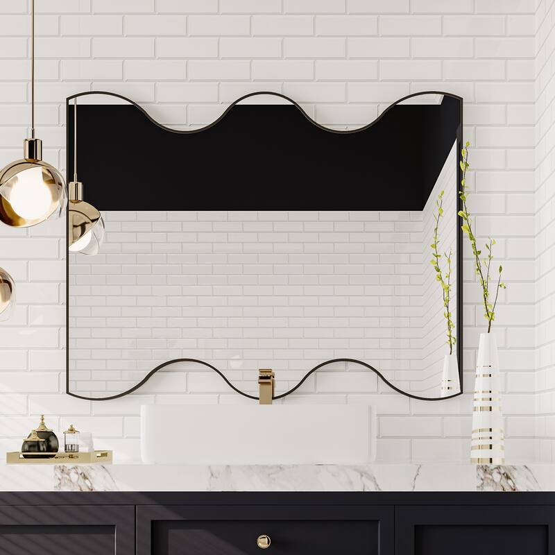 30" x 35" Black/ Gold Rectangular Wall Mount Bathroom Vanity Mirror Vertical and Horizontal Hang