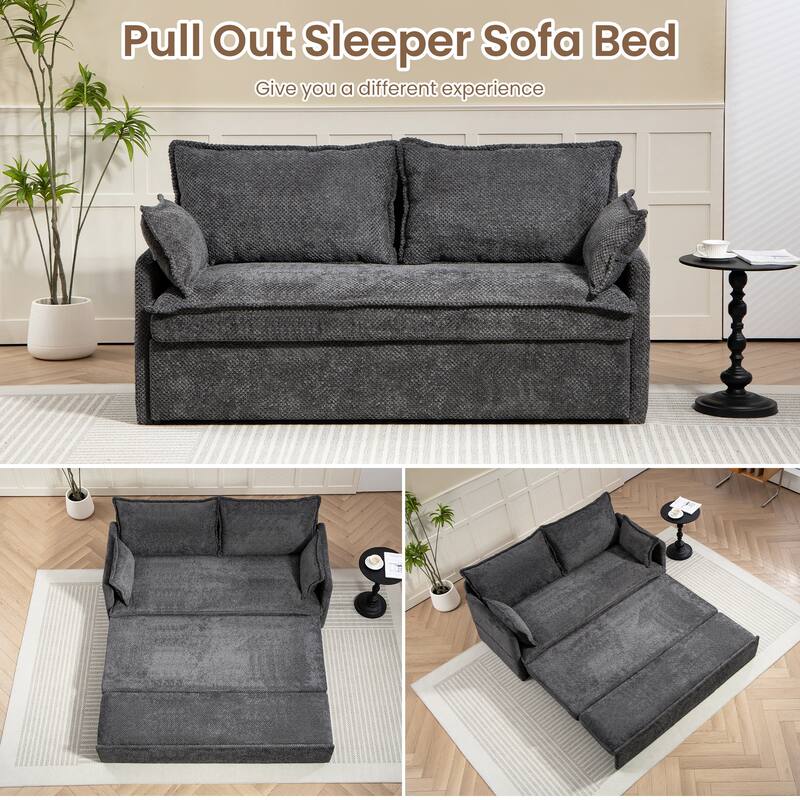 59.5" Ergonomic Sofa Bed with Storage & Charging - Supportive Chenille Convertible Sleeper, 800lb Capacity