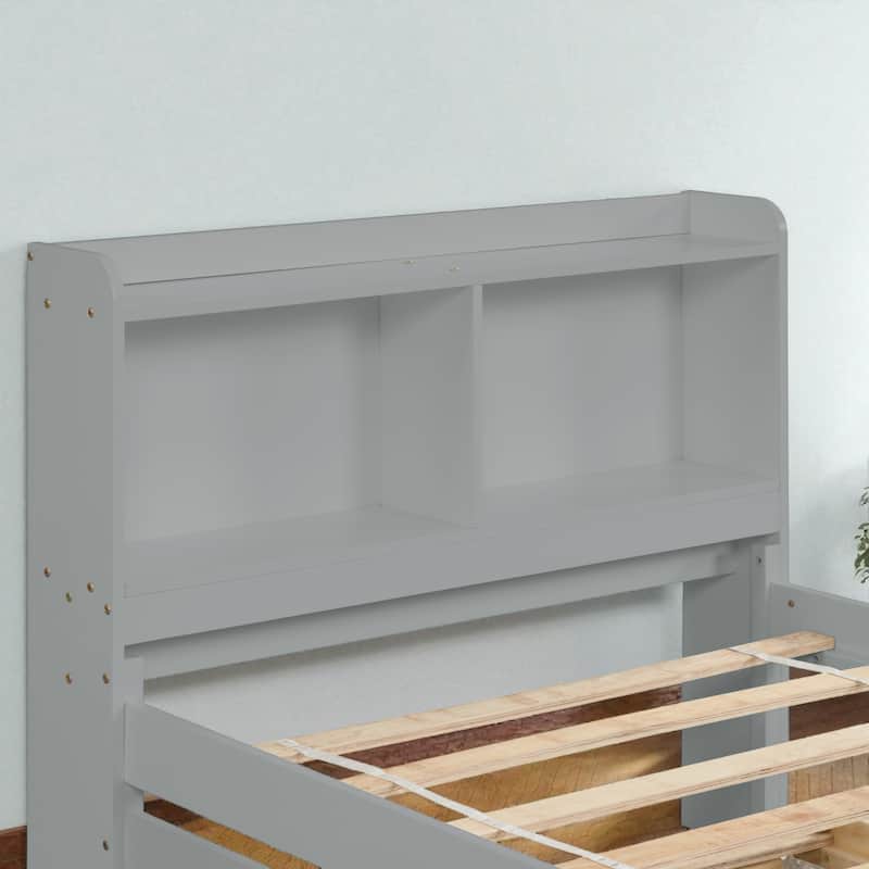 Twin/Full Bed Frame with Pull-Out Trundle and Bookcase Headboard, No Box Spring Needed