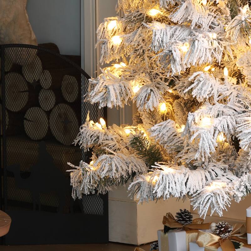 Glitzhome 7.5ft/9ft Pre-Lit Flocked Full Spruce Artificial Christmas Tree with C3 Lights Foot Switch