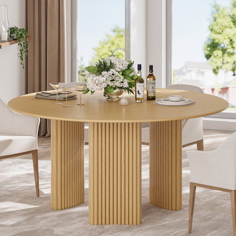 Modern Round Dining Table with Striped Column Legs Solid Wood Kitchen Table Anti-Scratch Footpads - Natural - 60 in.L x 60 in.W