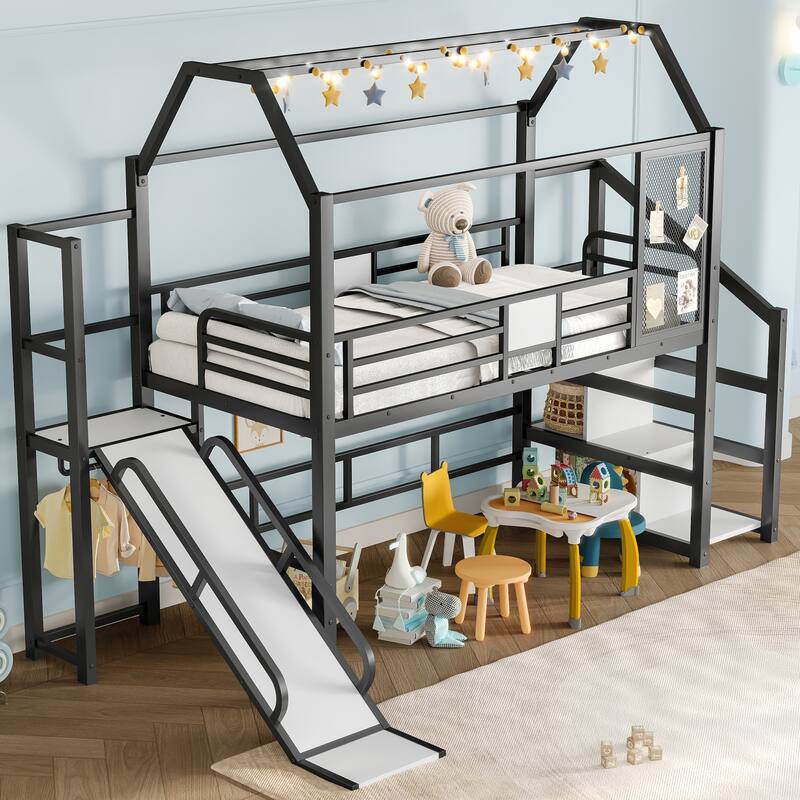 Twin House Loft bed with Slide and Stairs, Metal Playhouse Bed with Storage Shelves, House-shaped Roof and Noise-free Design