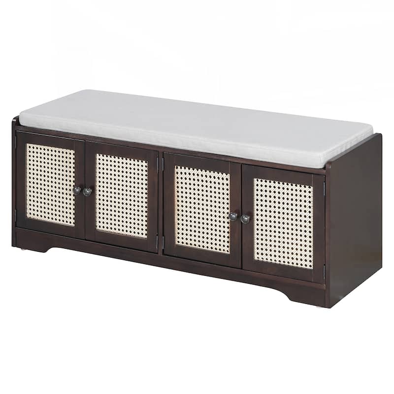 Rustic Storage Bench Multifunctional Wood Entryway Shoe Bench with Removable Cushion, Woven Rattan Doors & Adjustable Shelves
