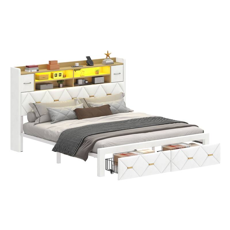 Moasis Upholstered Bed Frame with Storage Headboard And Charging Station and LED Light