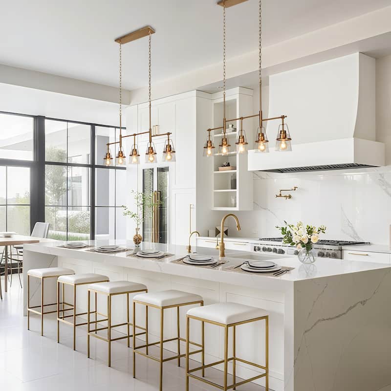 Modern Gold 5-Light Linear Chandelier Glass Kitchen Island Light - L 37.4" x W 5" x H 22.8"