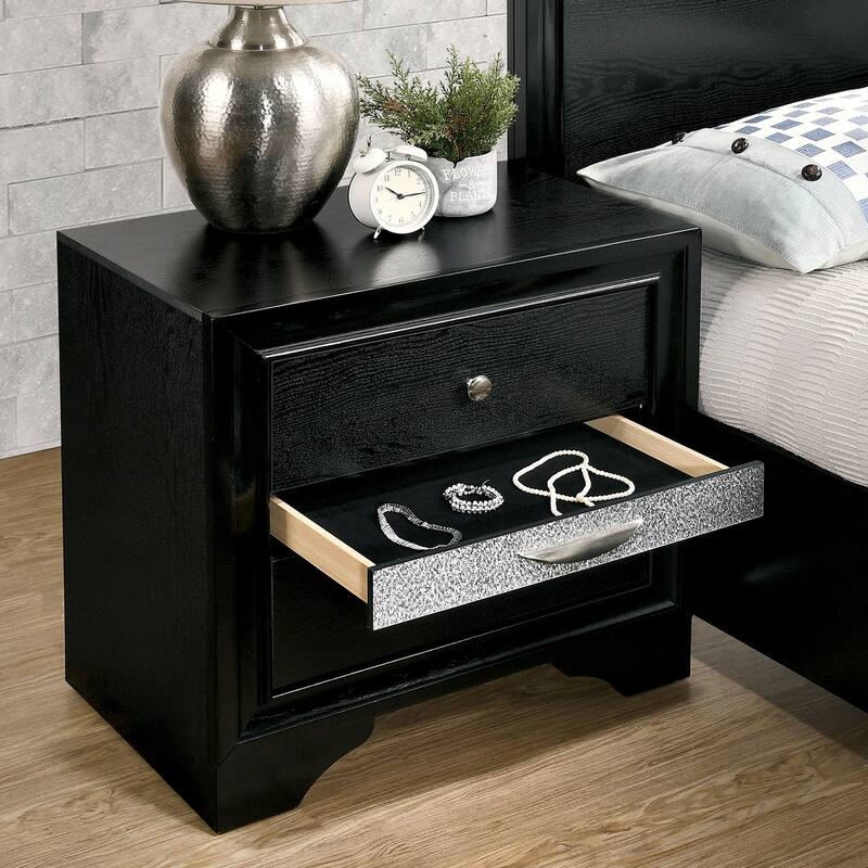 Modern Wooden Nightstand/Bedside Table with Silver Accents and Hidden Jewelry Drawers