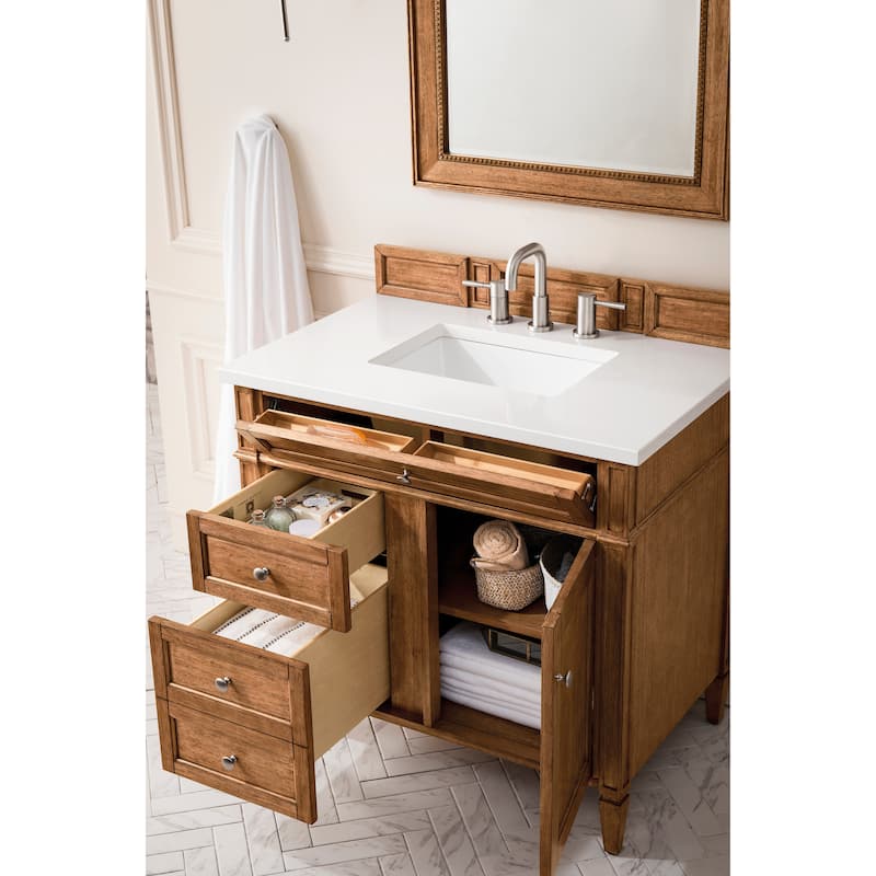 James Martin Vanities Brittany 36" Single Vanity, Saddle Brown - White Zeus Quartz