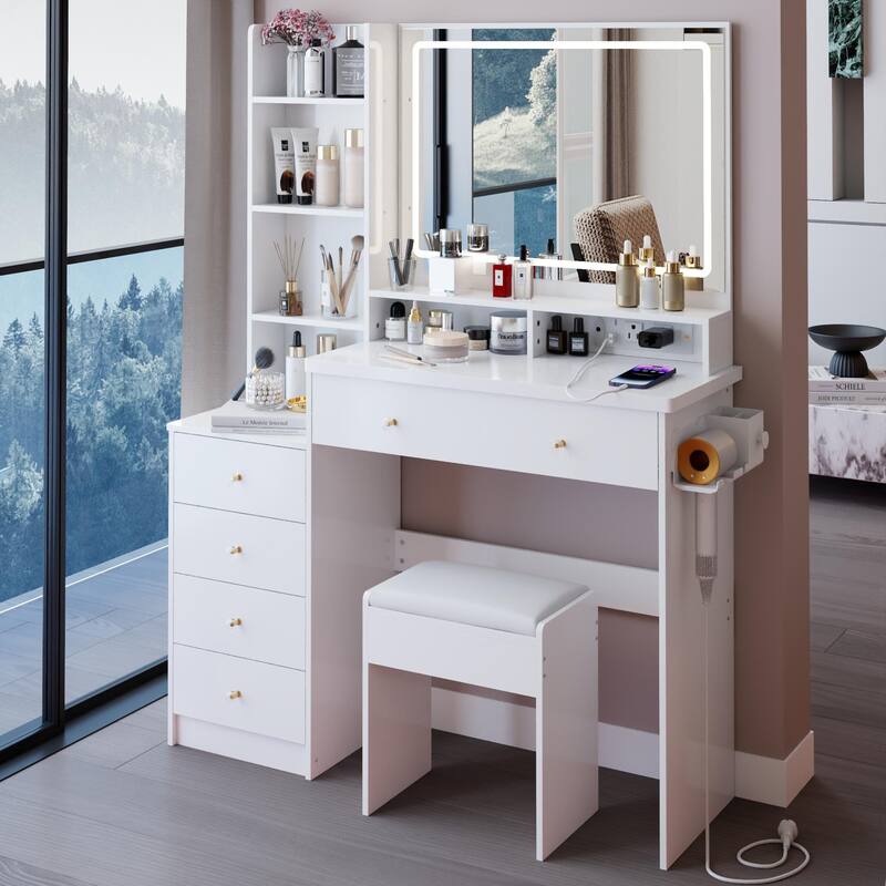 41" Large Size Left Bedside Cabinet Vanity Table + Cushioned Stool Dresser Set, 2 AC+2 USB Power Station, Hair Dryer Stand