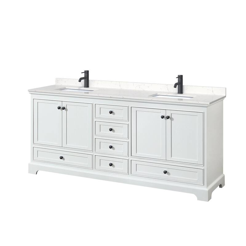 Wyndham Collection Deborah 80" Free Standing Double Basin Vanity Set - White / Carrara Cultured Marble Top / Matte Black